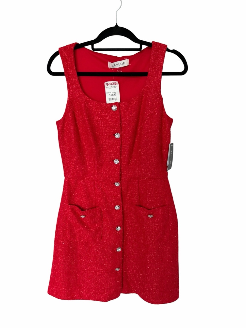 ✅ NWT Taylor Red Tweed Button-Front Mini Dress sleeveless with pockets size 10